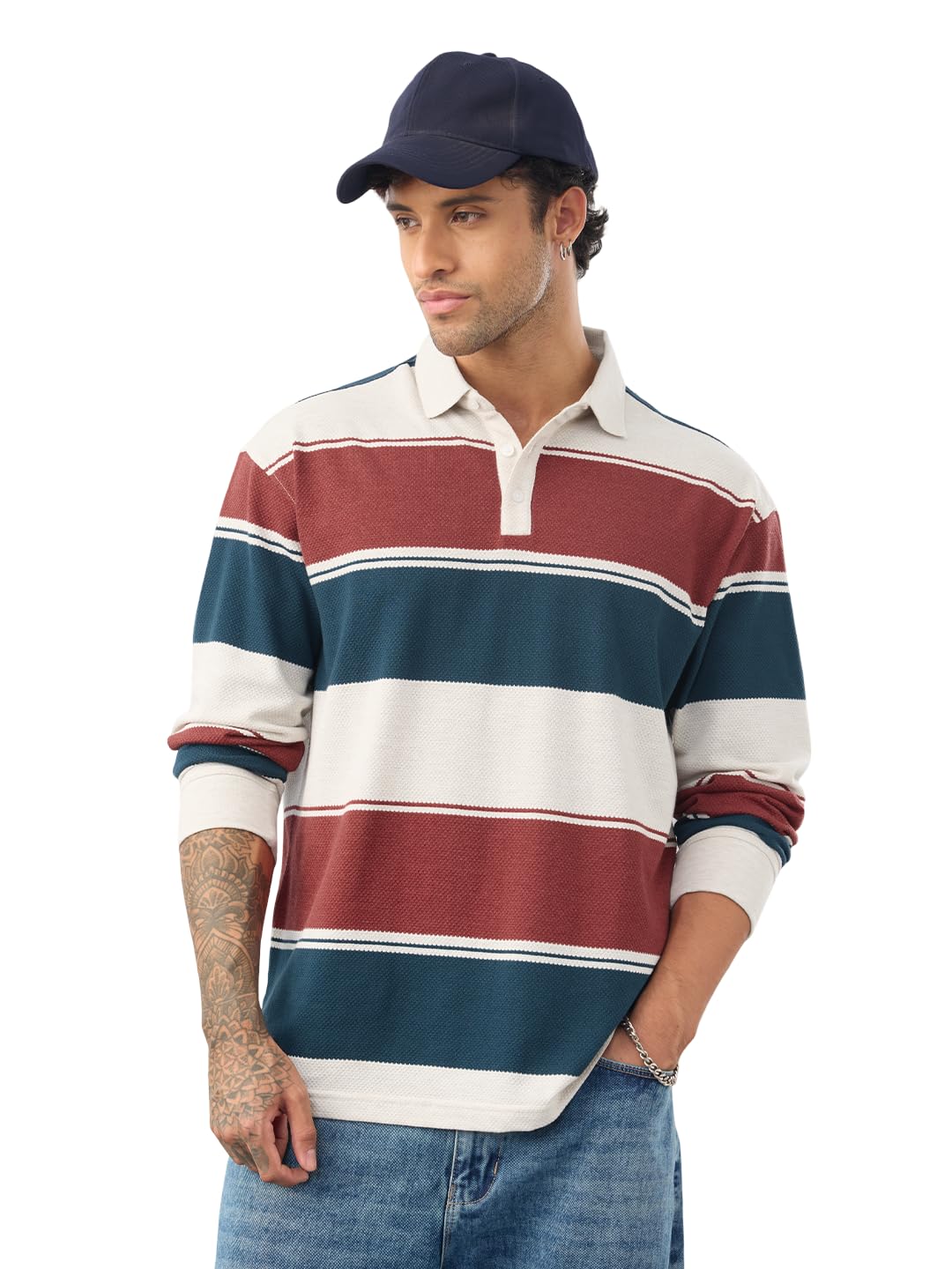 Popcorn Stripes: Bricklane Men and Boys Long Sleeve Spread Collar Striped Cotton Blend Regular Fit Textured Fabric Breathable Rugby Polos-image-12