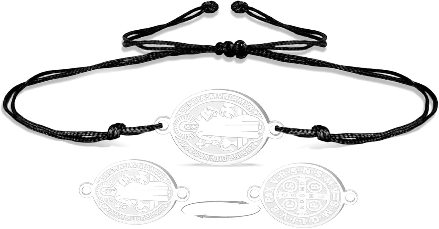 HUGGWRT Saint Benedict Medal Bracelet, Handmade Adjustable String Rosary for Exorcism Protection, Christian Religious Cord Jewelry for Catholic Women Men, S-B string
