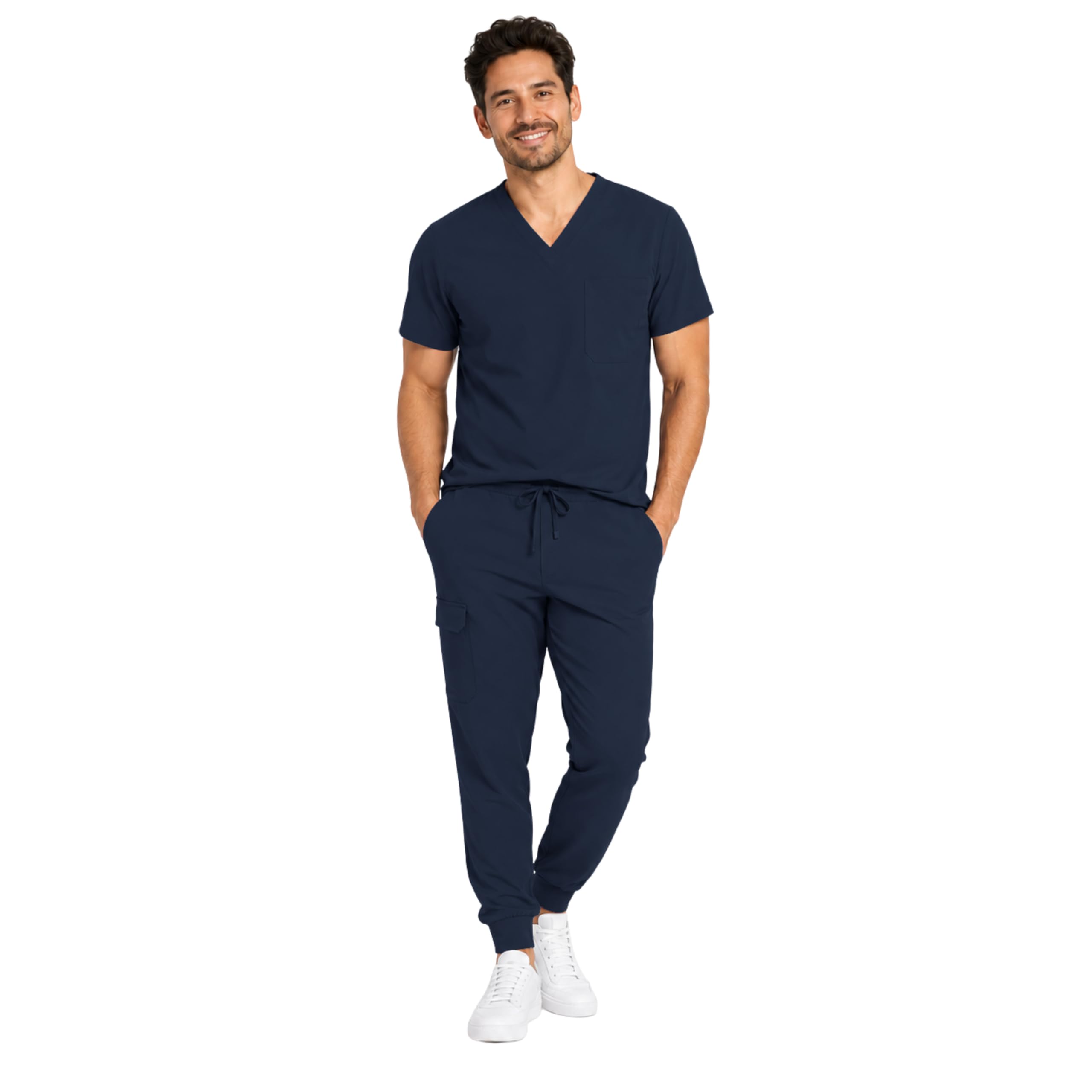 M&M SCRUBS Herren Jogger-Schrubb-Set - Luxe Stretch Medizinische Uniform, V-Ausschnitt OP-Oberteil & Jogginghose (True Navy Blue, Large)