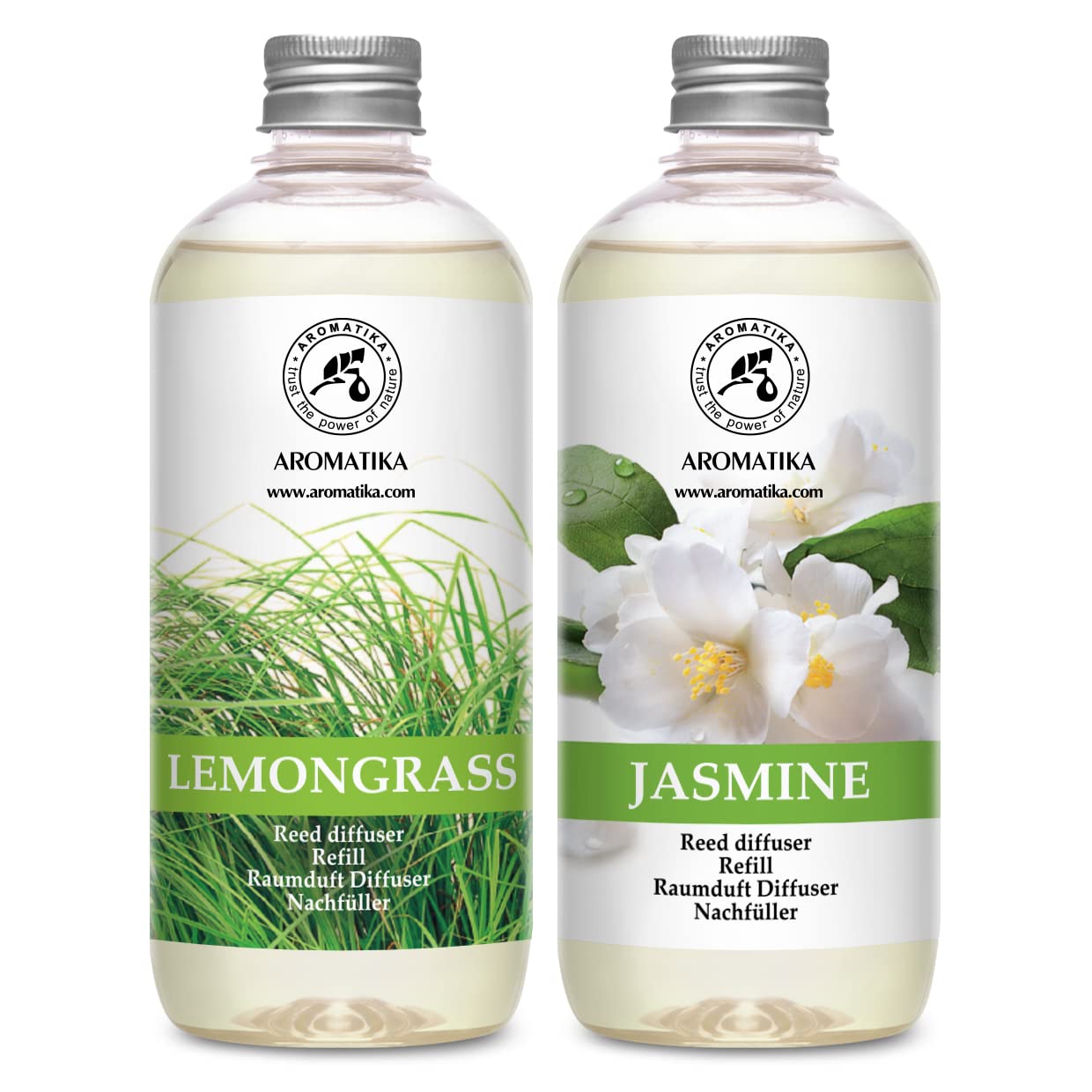 Recharge Diffuseurs de Parfum 2x500ml - аvec Arôme Lemongrass & Arôme de Jasmin - Parfum Frais et de Longue Durée - Aromathérapie - Assainisseurs de Air de la Grand Pièce - Spa - Bain - Restaurant