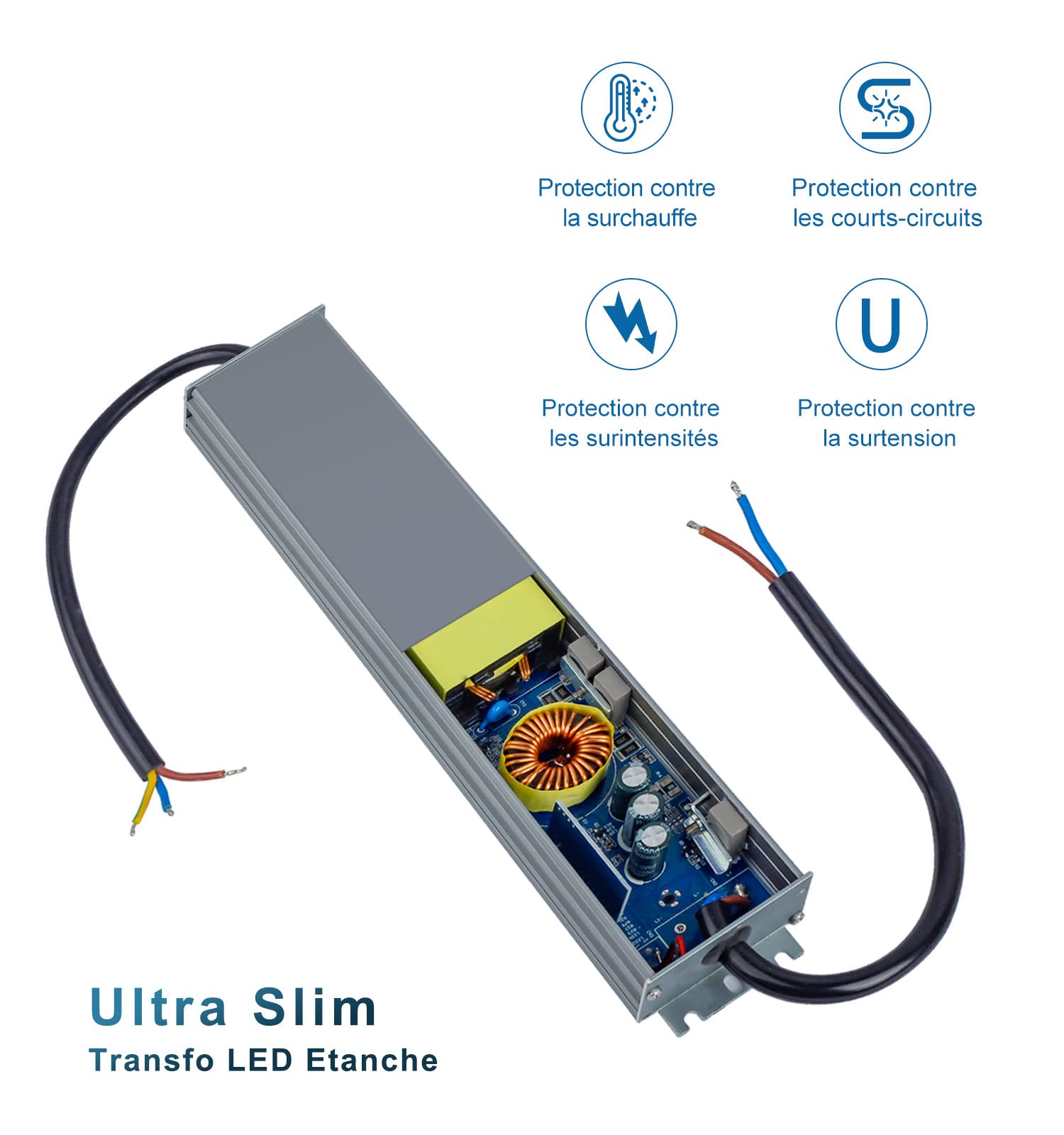 DUSKTEC Transformateur 220V 12V LED 60W Driver, Alimentation 5A Étanche IP67, Transfo AC à DC, Pilote Basse Tension à Tension Constante pour CCTV Ampoule à Bande Lumineuse MR16 G4