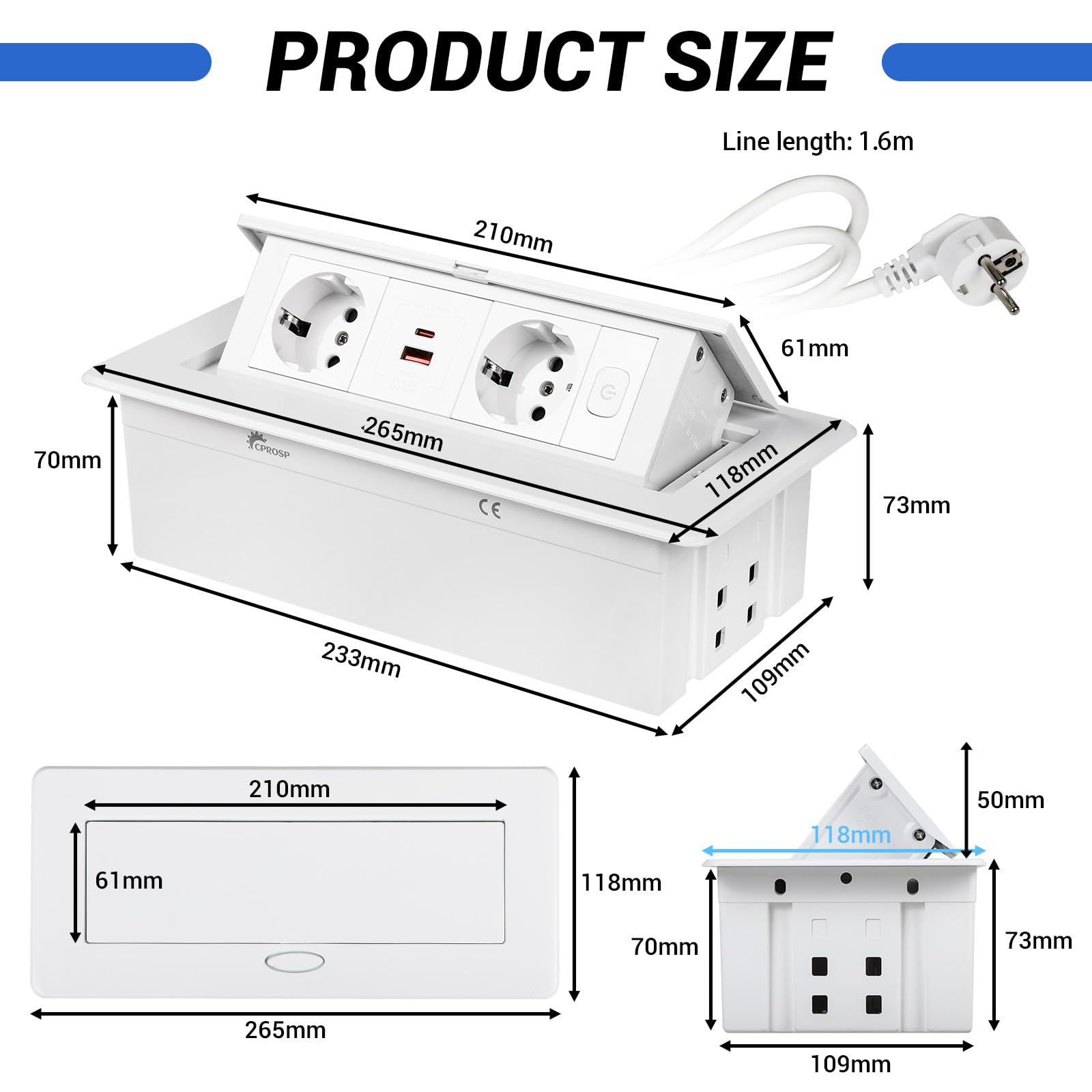 CPROSP Regleta Empotrable de Mesa con 2 Enchufes y USB (1A+1C) | Color: Blanca