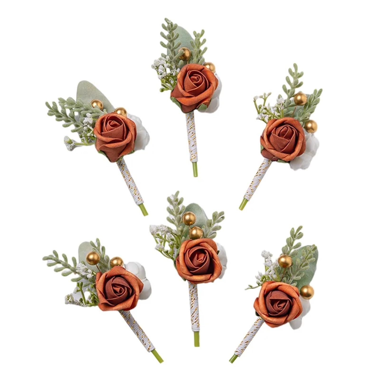 Hzomif Boho Artificial Flower Wedding Corsage Burnt Orange Boutonniere Groom Best Man Groomsmen Artificial Flowers for Wedding Ceremony Fall Vintage Rustic Marriage Prom(GRAY)
