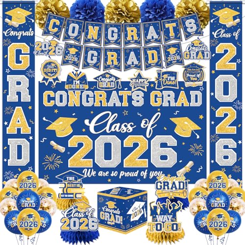 Graduation Decorations Class of 2026 Blue and Gold Graduation Decorations with Congrats Grad Banner Backdrop Porch Sign Balloons Hanging Swirls Honeycomb Centerpieces Box for Graduation Party Supplies