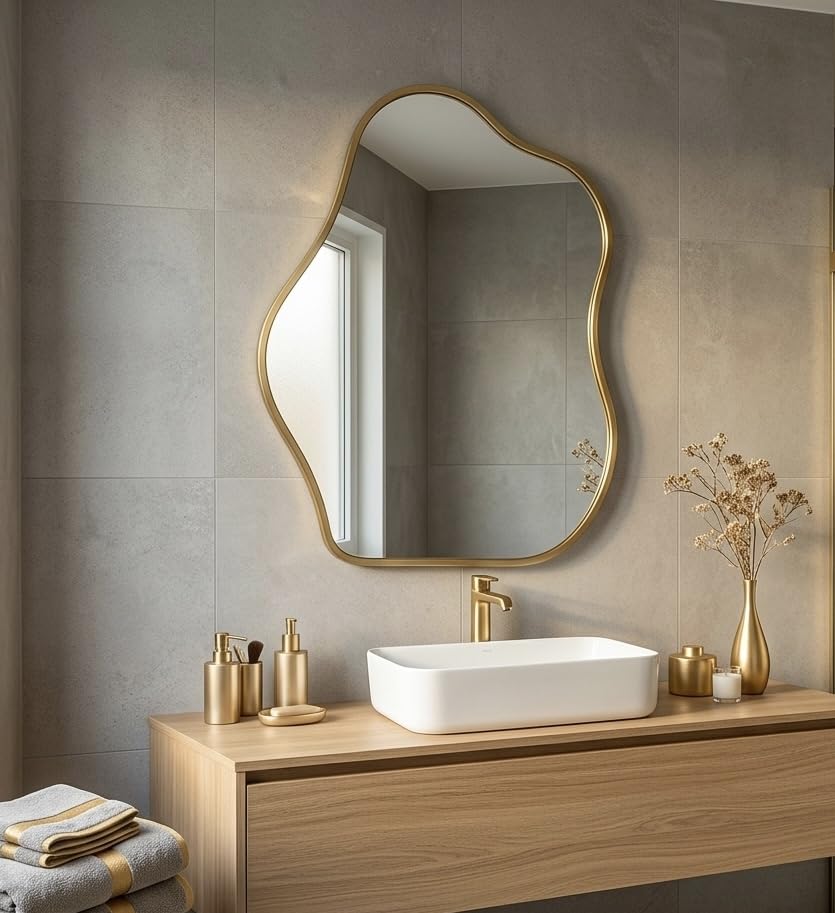 Image of Alfa Design Asymmetrical Gold Irregular Wall Mounted Mirror | Wooden Frame | Aesthetic Decor Bathroom Vanity Mirror, Farmhouse, Living Room, Bedroom & Entryway Irregular Gold (29 x 21 inch)