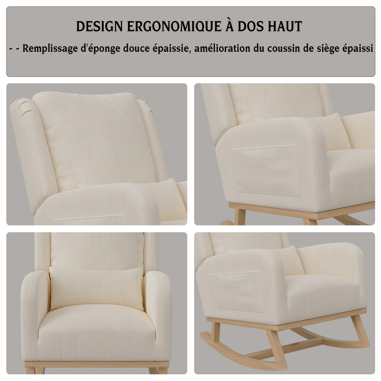 belupai Sedia a dondolo scandinava,sedia da allattamento con cuscino lombare,Poltrona a dondolo in lino,Poltrona a dondolo riposo con tasche laterali,struttura in legno massello,Beige,68x93x96cm