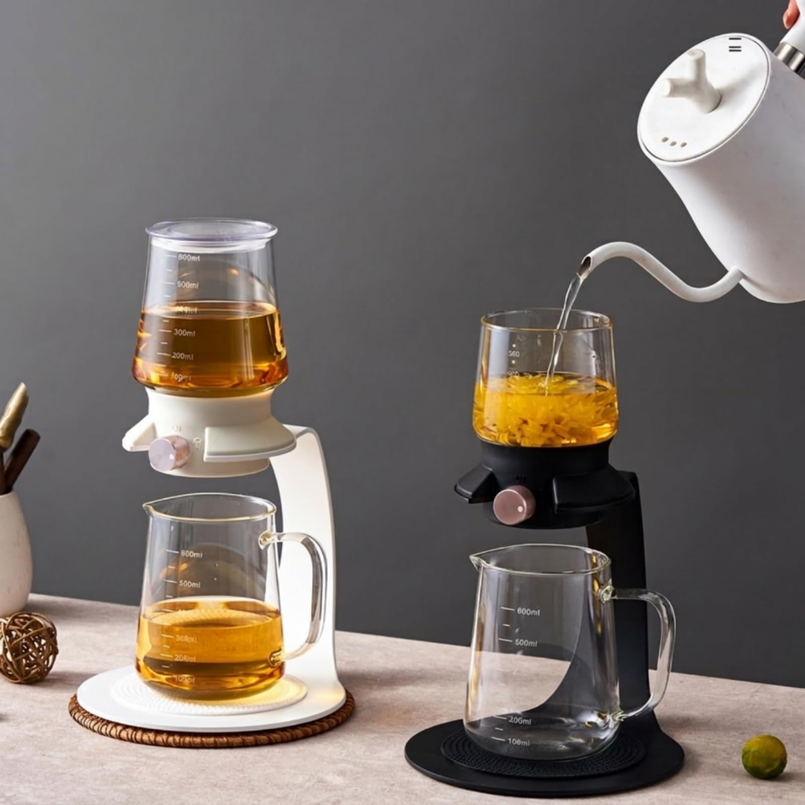 Teiera con Filtro in Acciaio Borosilicato Infusore a Goccia con Supporto Facile da Pulire Infusore in Vetro per Appassionati di Tisane, Array, Bianco, Arco