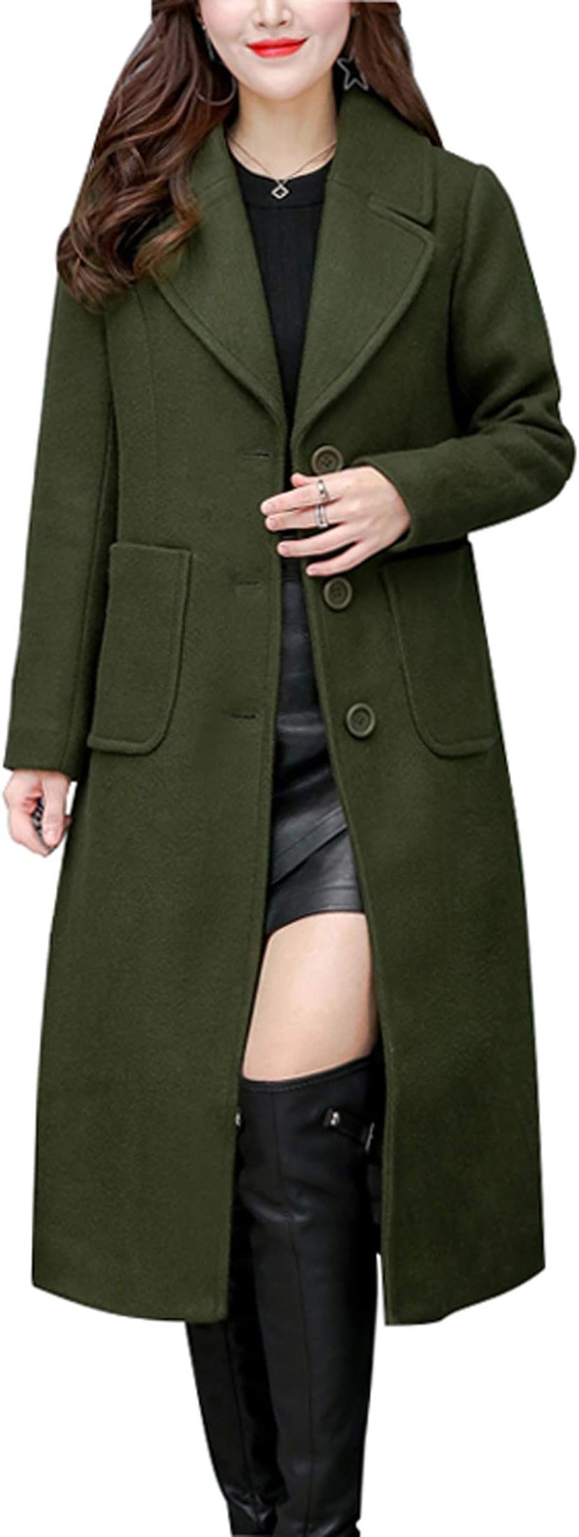 Women's Big Notch Lapel Single Breasted Mid-Long Wool Blend Coat