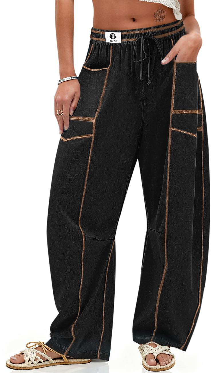 TARSE Womens Barrel Linen Pants High Waisted Harem Casual Loose Fit Wide Leg Baggy Drawstring Pants with Pockets