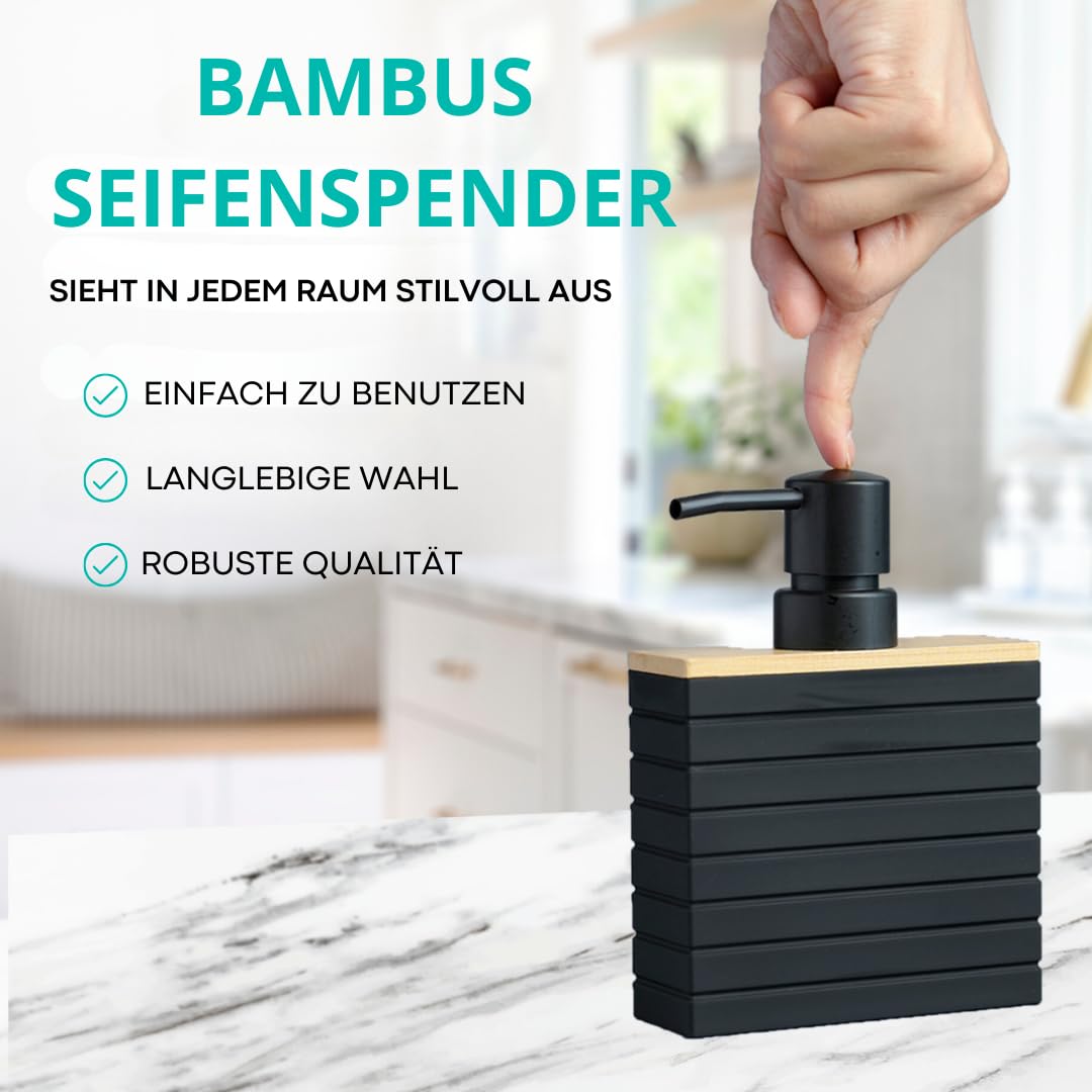 BUDDLEY Seifenspender Bamboo Schwarz, 2er Set Spülmittelspender für Küche & Bad, Freistehend