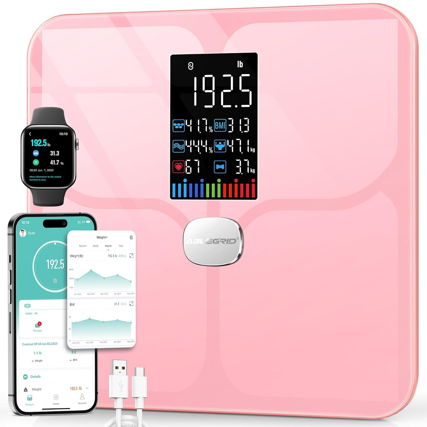 ABLEGRID Wiederaufladbar Körperfettwaage, LED Personenwaage Digital Mit Körperfett Und Muskelmasse Körperfettanalyse, 16 Messungen Der Körperzusammensetzung BMI, Herzfrequenz, 180kg, Rosa