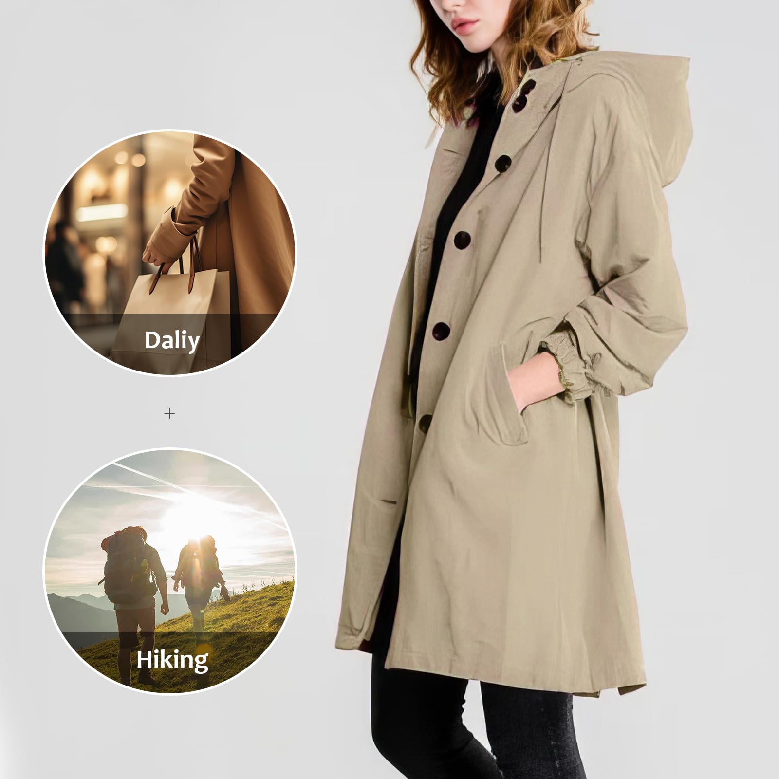 Trench Impermeabile da Donna - Giacca Antivento con Cappuccio Monopetto, Soprabito Impermeabile per Esterni, Impermeabile Softshell per Escursioni e Spostamenti