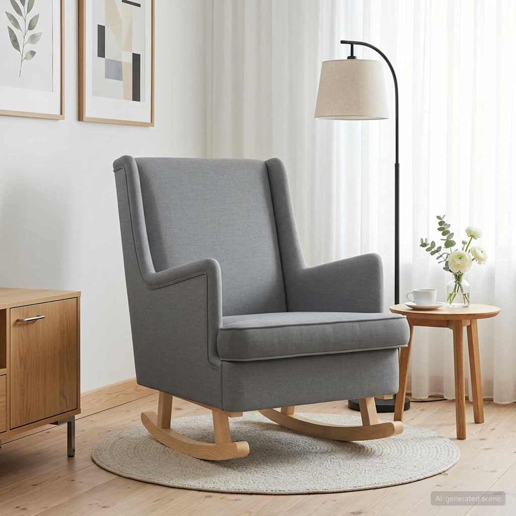 Mecedora gris claro 62 x 80 x 85 cm de tela silla de relax con marco de madera estable, respaldo alto, cojín extraíble para salón, dormitorio, terraza y porche