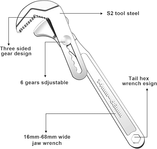 Miniatura 3 de Llave de tubería de acero ajustable  Llave multifuncional para herramientas de plomería de 6 engranajes, llave de fontanería de apriete automático