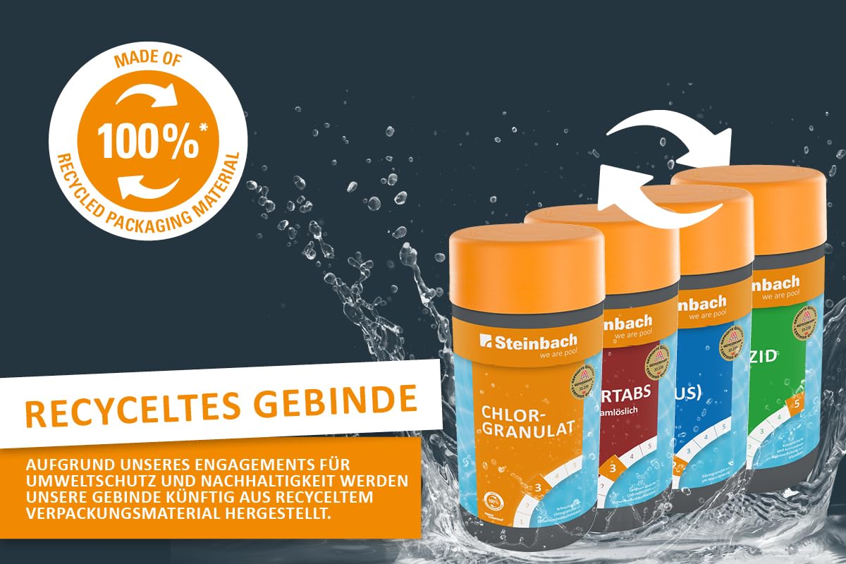 Steinbach Poolpflege Chlor Starterset - 0759001TS - 6-teiliges Komplettset für sauberes Poolwasser - Mit Chlorgranulat, Chlortabletten, Algezid, pH-Minus, Teststreifen & Thermometer