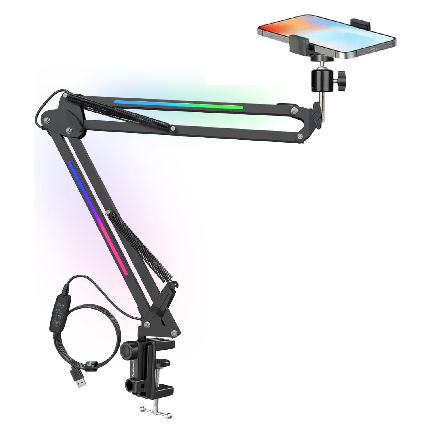RGB Cell Phone Holder Arm Stand, Adjustable Desk Mount with 360° Rotating Phone Clamp, RGB Lighting & Flexible Boom Arm for Gaming, Streaming, Video Calls & Content Creation-image-19