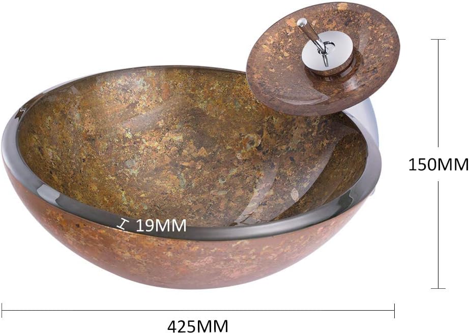 Thicken Round Tempered Glass Bathroom Vessel Sink Brown Pattern Counter Top Installation Modern Artistic Vanity Sinks Glass Vessel Sink with Pop up Drain,Singlesink