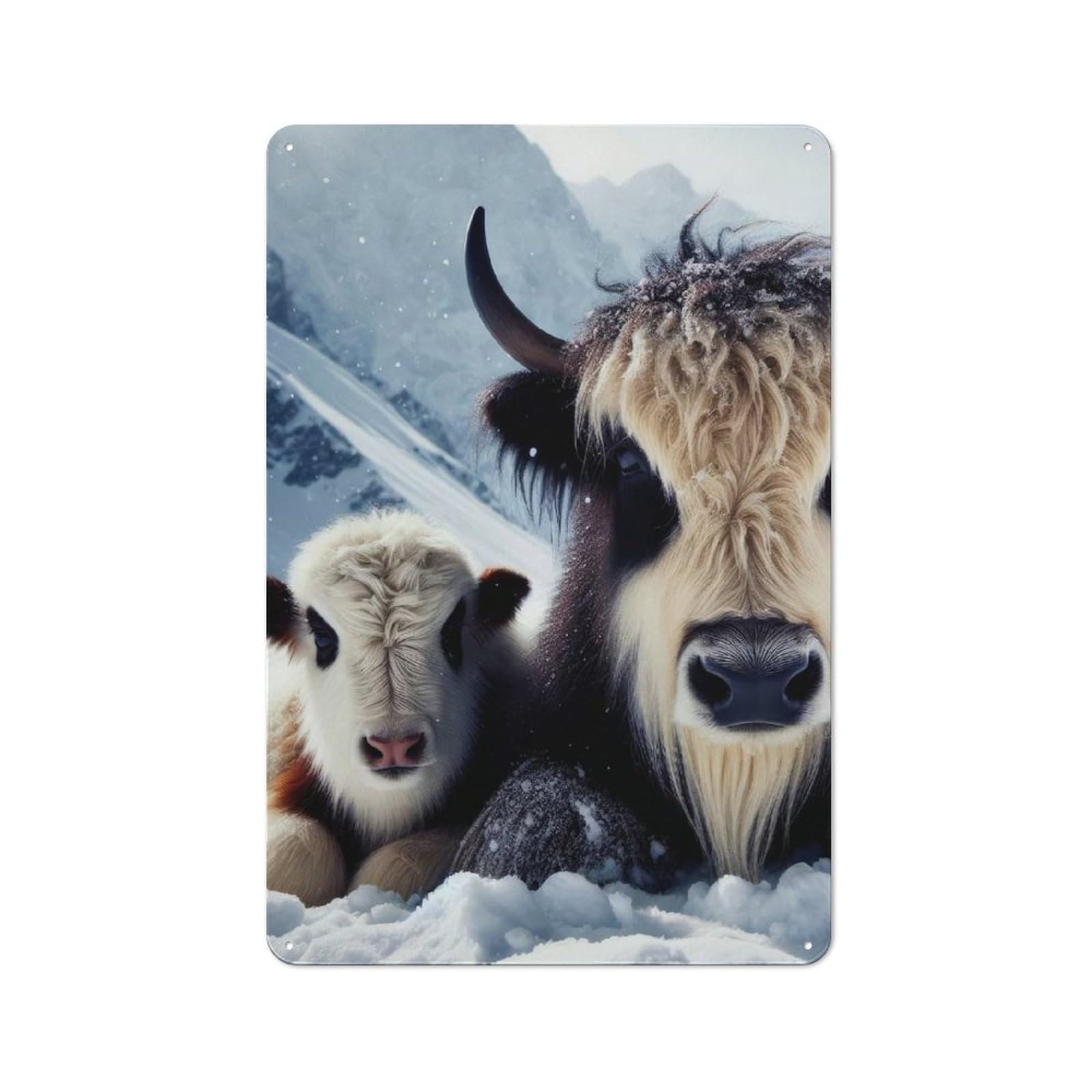 Junmoney Yak And Calf In Snowy Mountains Metal Wall Plaque, Easy To Hang Plaque For Living Room, Hallway, Kitchen Or Pet Corner, 30X20cm