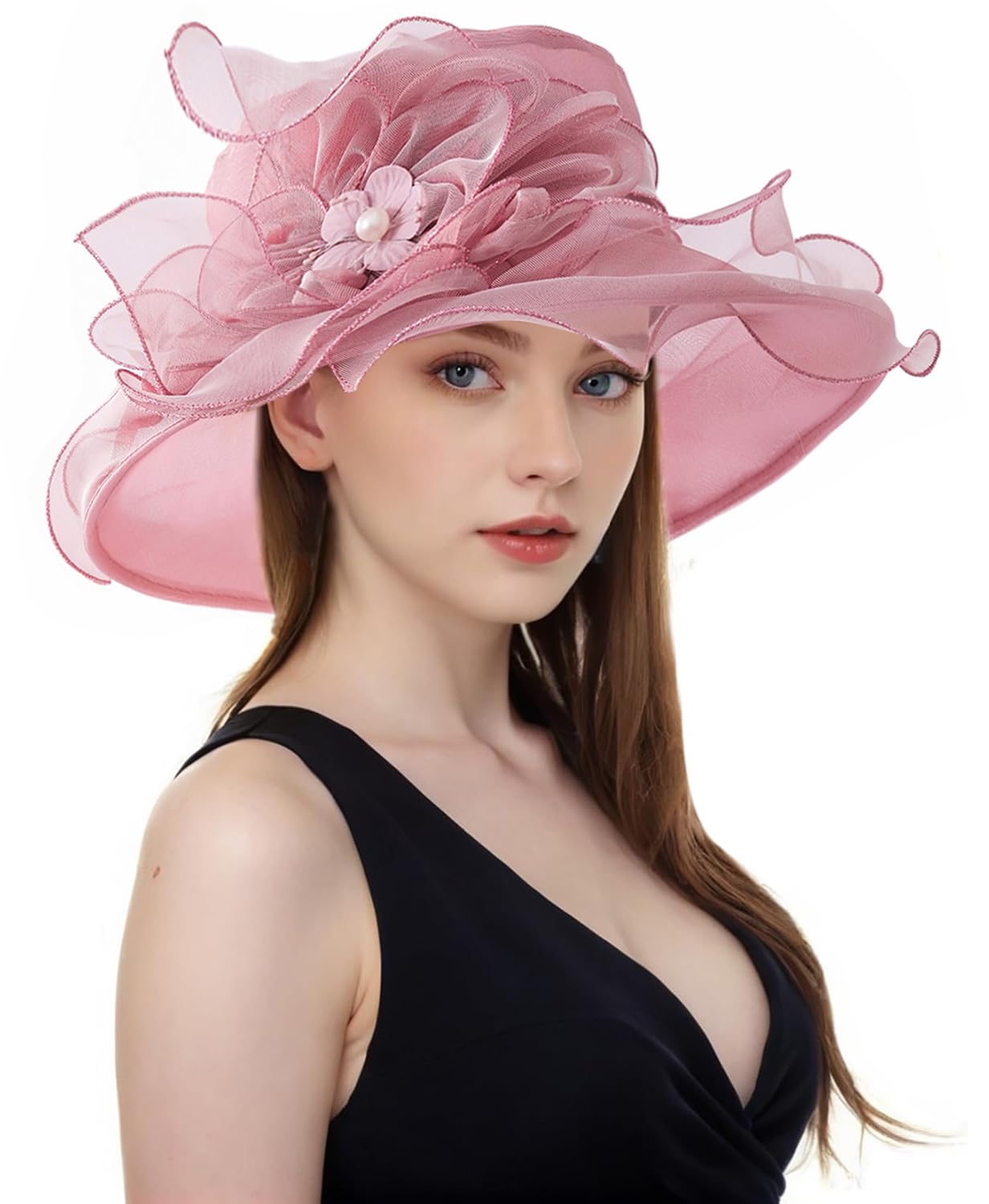 ELLYDOORWomen Derby Fascinator Hat Organza Church Wedding Tea Party Hats Wide Brim Sun Hat