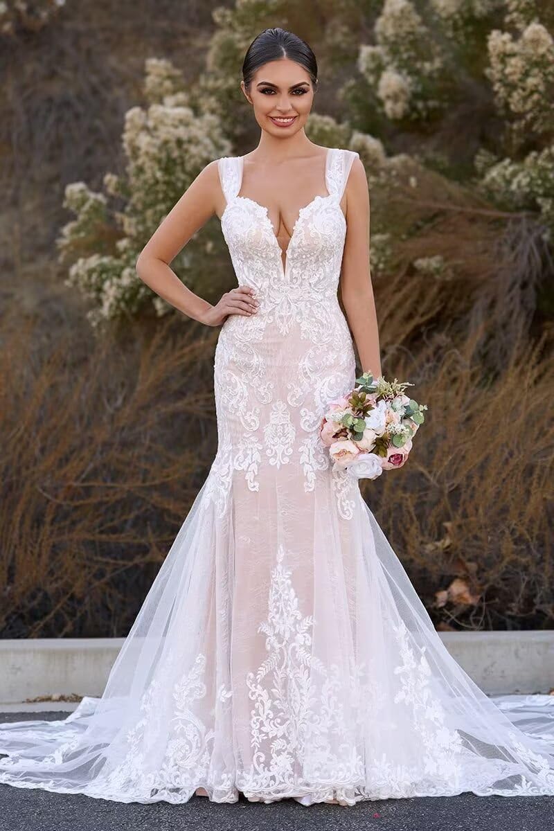 Spaghetti Straps Mermaid Wedding Dresses for Bride Long V Neck Lace Appliques Tulle Bride Gowns