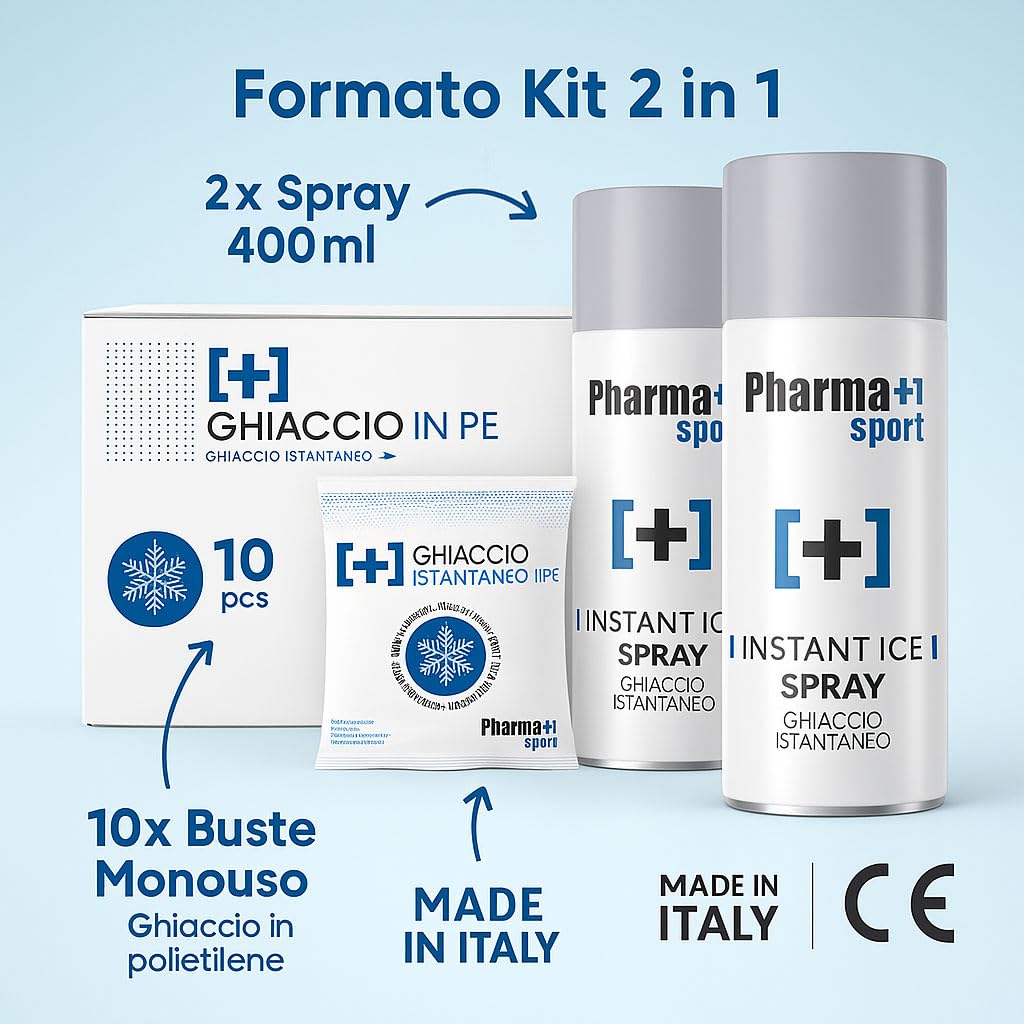 PHARMA+SPORT Kit Ghiaccio Sportivo 10+2 Ghiaccio Istantaneo Monouso + Ghiaccio Spray 400ml – Primo Soccorso per Traumi, Distorsioni, Contusioni – Made in Italy