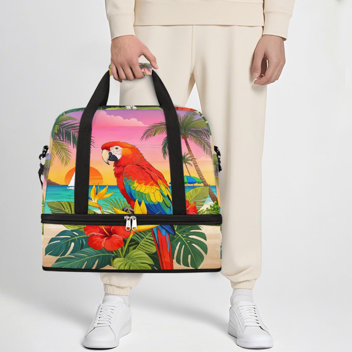 Borsone da viaggio pieghevole con motivo tropicale e ibisco, borsa da palestra espandibile con scomparto per scarpe, grande capacità, borsa da weekender, borsa da viaggio, sport, viaggi notturni