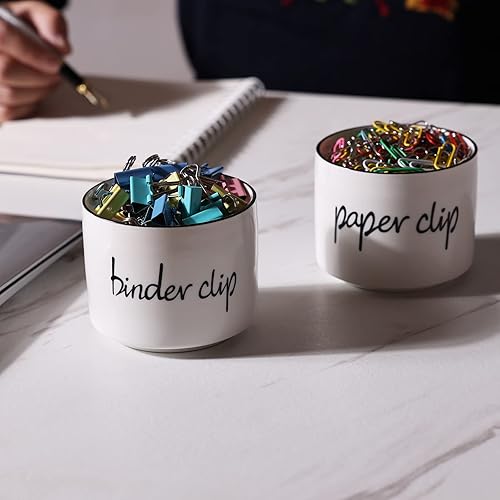 Miniatura 7 de ONTUBE Soporte de clip de papel de cerámica y soporte de clip de carpeta Set organizador dispensador para escritorio (blanco)