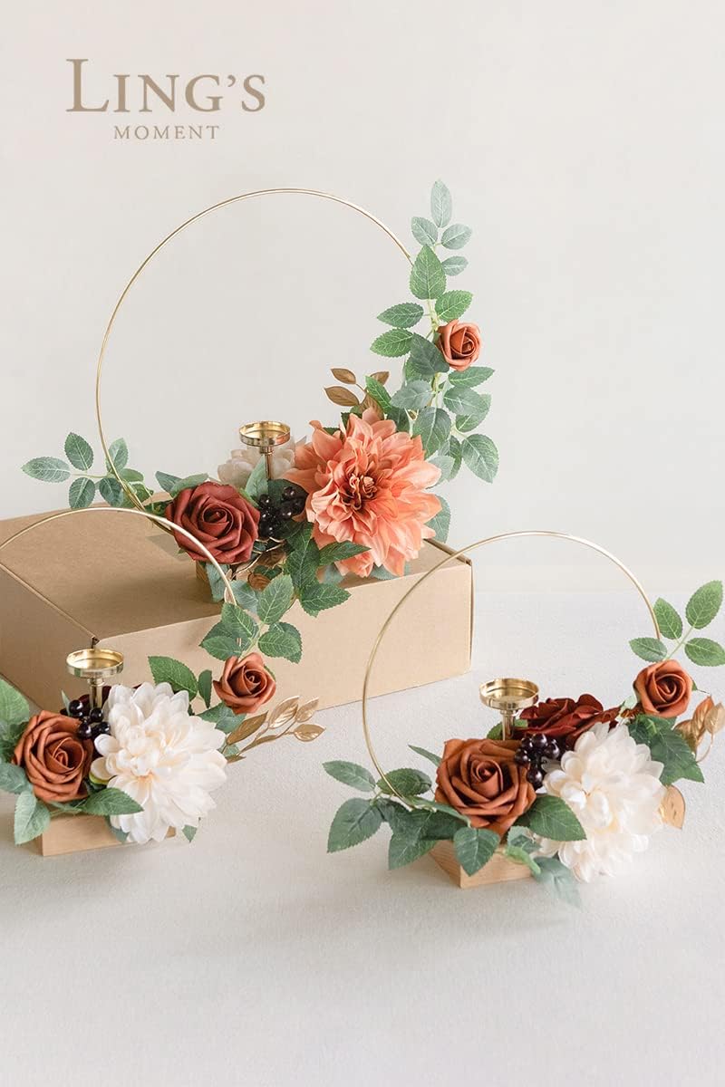 Ling's moment Candle Holder Hoop Terracotta Wreath Floral Centerpieces for Sweetheart Table, Head Table, Ceremony Reception Artificial Flowers Decorations Assembled(Set of 3)