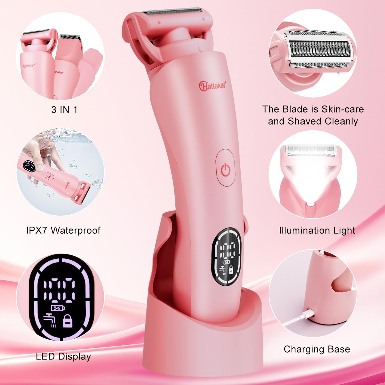 Hatteker Afeitadora Eléctrica para Mujer Zona Íntima Bikini 3 en 1 Recargable con Pantalla LED Impermeable IPX7 Rosa