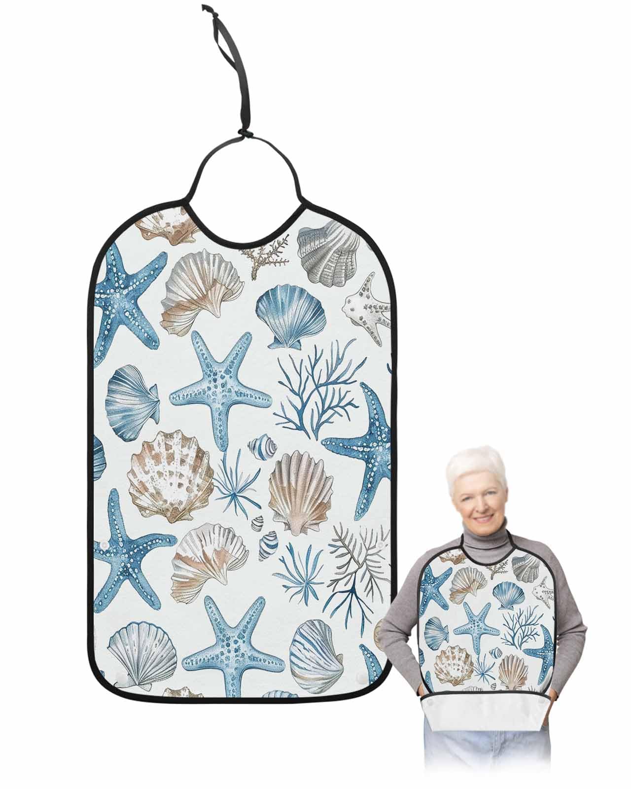 Nautical Coastal Adult Bib for Adults Men,Women,Retro Blue Starfish Shell Conch Marine Seaweed Washable & Adjustable Terry Cloth Bib with Crumb Catcher Reusable Clothing Clothes Protector Apron