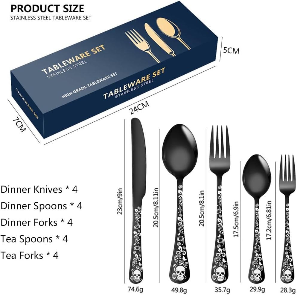 XIAOYU 20-Piece Bizarre Flatware Set, Gothic Skull Silverware Set for 4, Skeleton Flower Unique Pattern Design, Knives/Forks/Spoons Cutlery Set Halloween Event Tableware Utensils, Black
