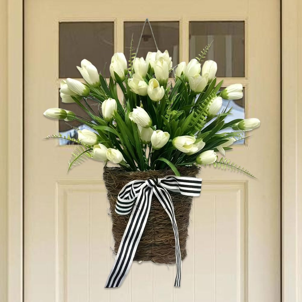 White Tulip Door Hanger Basket Wreath for Front Door,18 in Artificial Spring Summer Tulip Wreaths with Woven Basket,Green Leaves,Bow and White Flower,Farmhouse Spring Decoration for Home