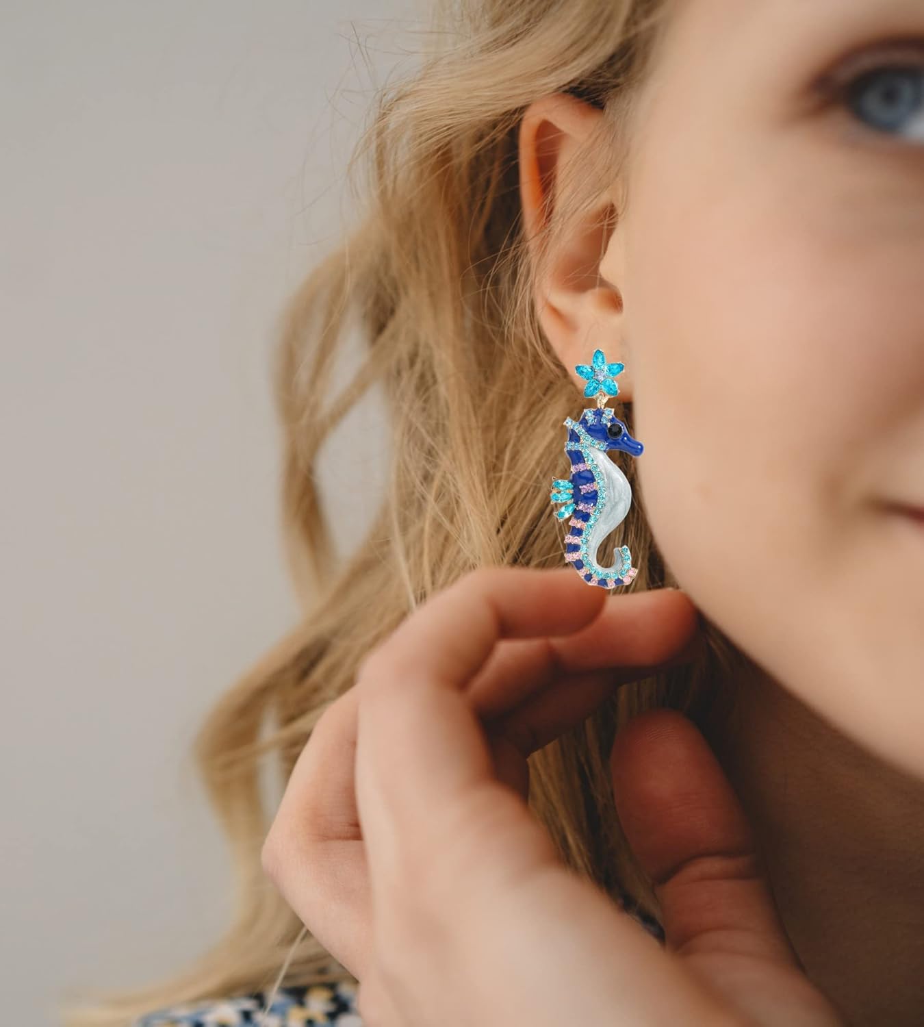 seahorse Earrings for Women cute animal starfish blue seahorse ocean unique funny crystal rhinestone bohemian dangle earrings women's jewellery gifts - Image 4