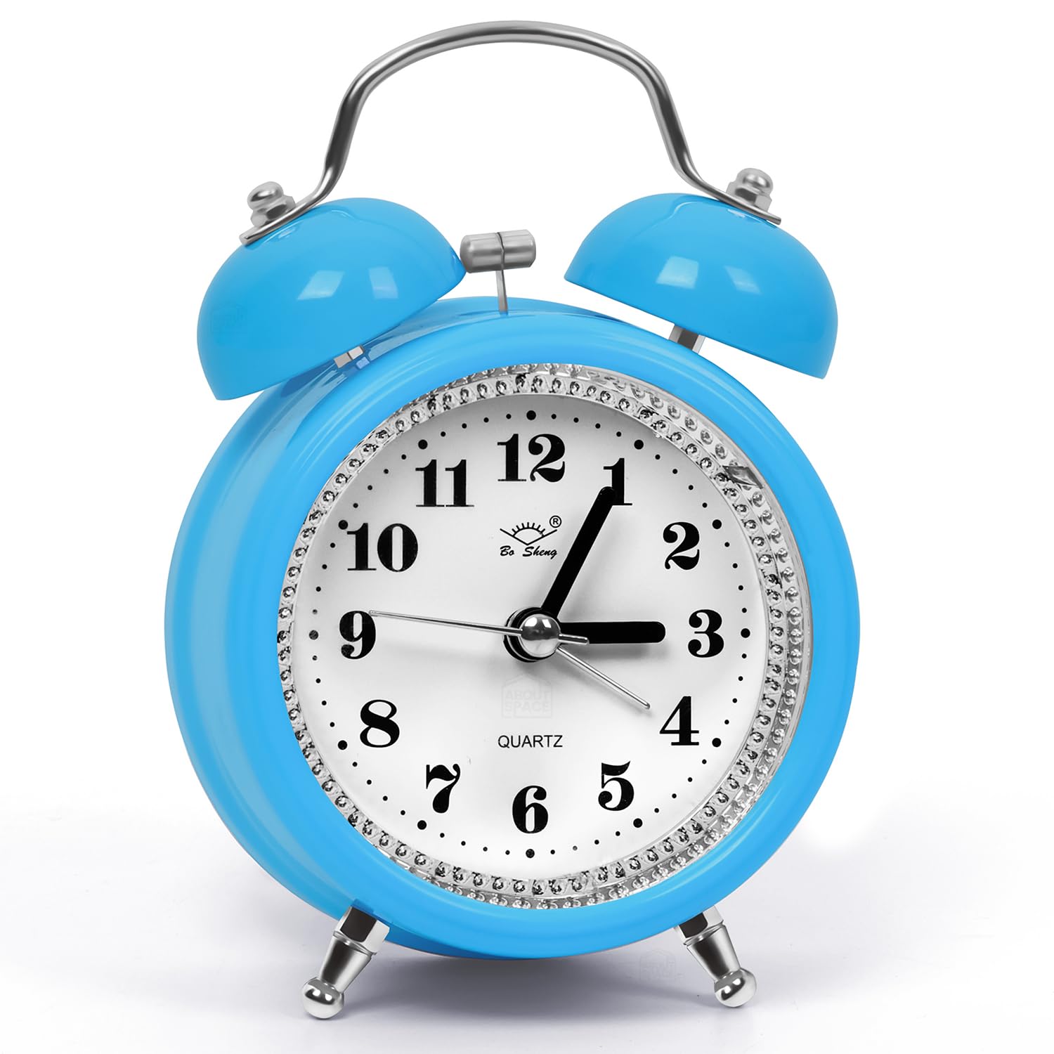 ABOUT SPACE 4 Inch Twin Bell Alarm Clock Round Silent Analog Desk/Non-Ticking with Night Light- Battery Powered Simple Design for Home Office Students Kids Bedroom - (PVC) Blue (Battery not Included)