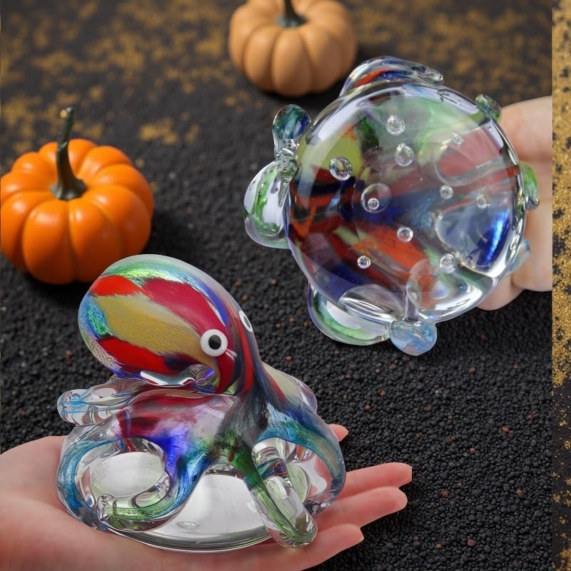 Miniatura 5 de Figura de pulpo de vidrio soplado a mano con tentáculos iridiscentes y base de cristal pulido, figuras de vida marina para decorar acuarios de