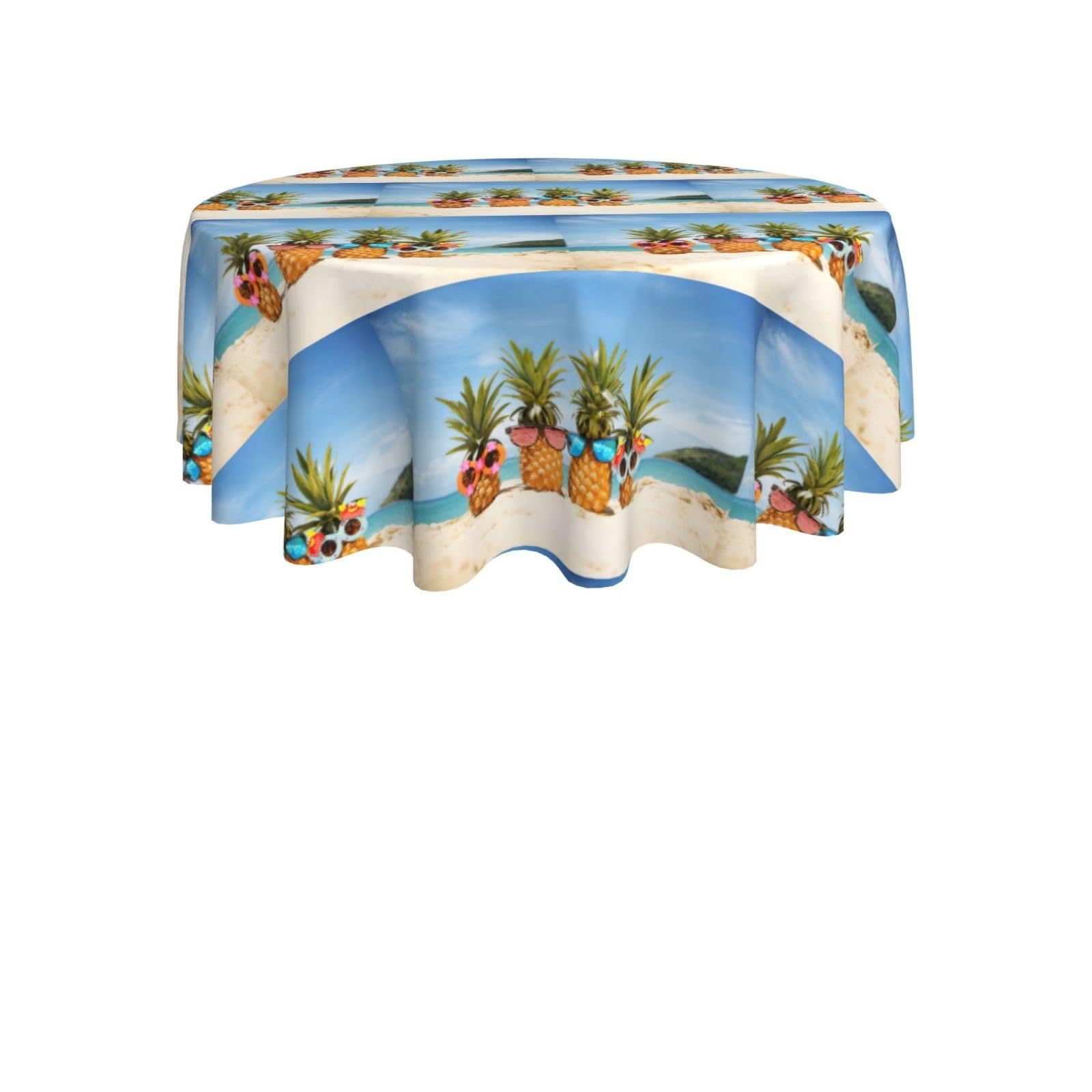 ENGhjes Ocean Beach Pineapples Print Round Tablecloth 60in Washable Stainproof Polyester Cloth for Kitchen Idea