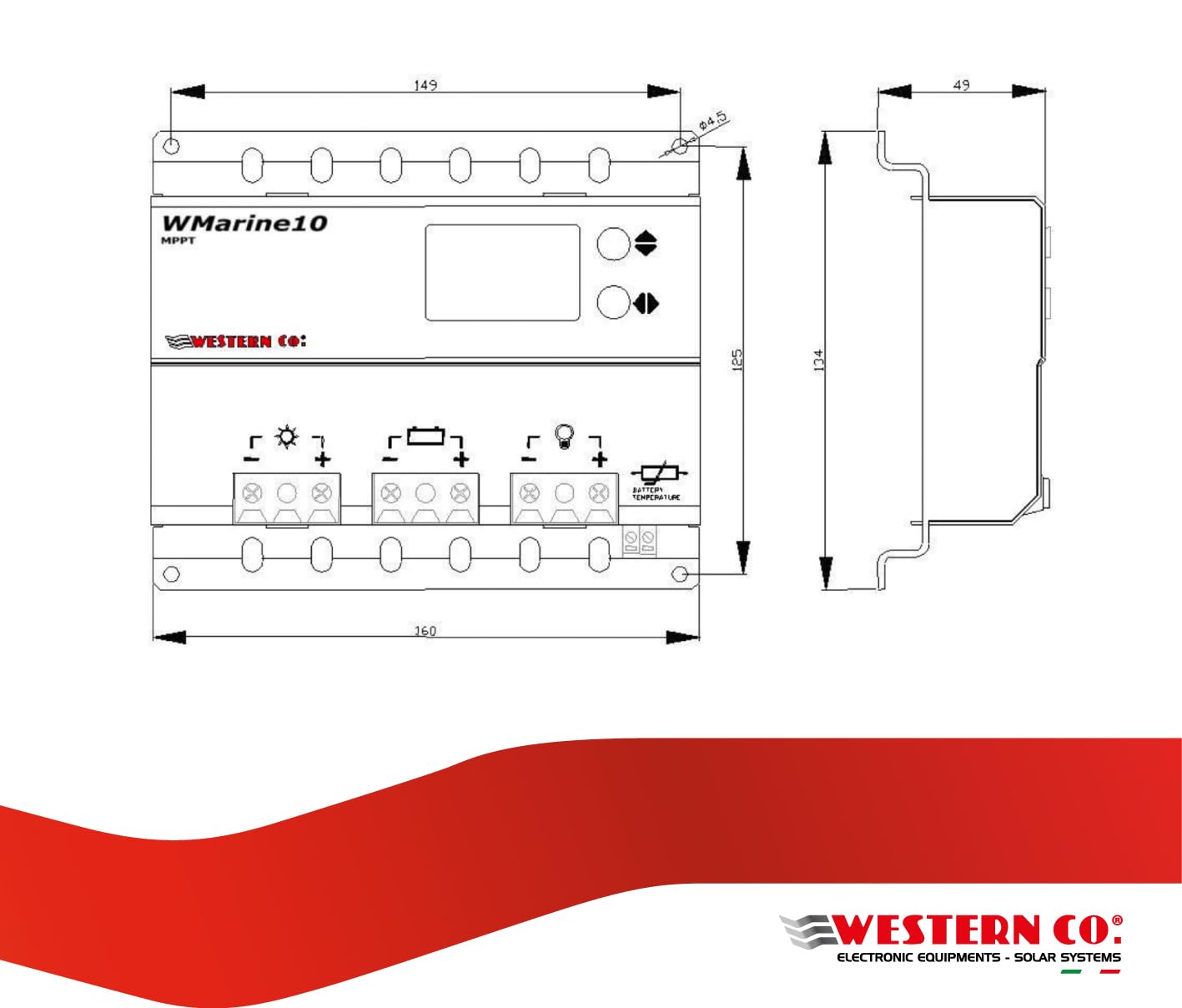 Western CO | Modello WMARINE10 | Regolatore di Carica MPPT 10A 12/24V, Regolatore di Tensione Carica Impianto Fotovoltaico, Circuito Buck-Boost, Display Grafico, Funzione Crepuscolare