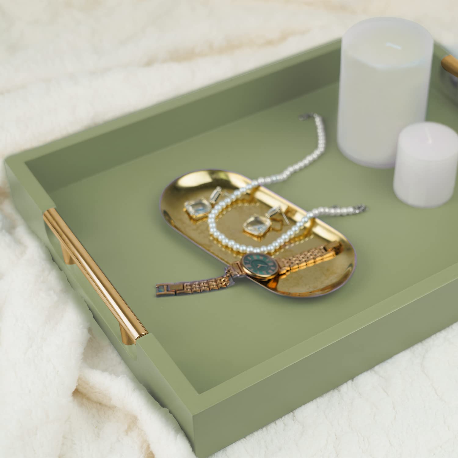 NELONY Wooden Decorative Coffee Table Tray, 16" Serving Tray with Handles, Matte Finish Decorative Tray, Ottoman Tray for Living Room, Perfume, Vanity Dresser Organizer (Olive Green)