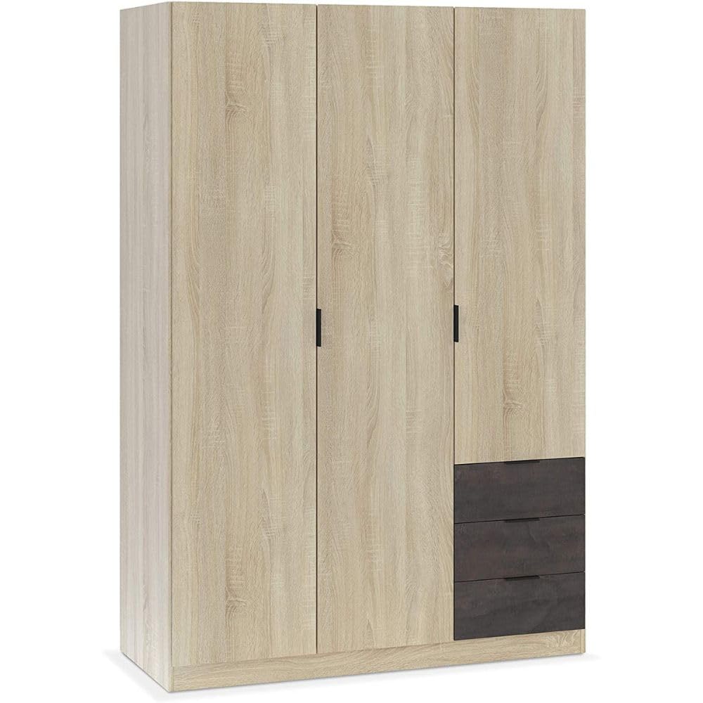 Mobelcenter, Conjunto Dormitorio Matrimonio Oxido, Color Roble Canadian y Oxido, Cabezal para Camas de 135 y 150 cm, 2 Mesitas de 3 cajones, Armario 3 Puertas 3 Cajones y Cama con 4 cajones (P0021)