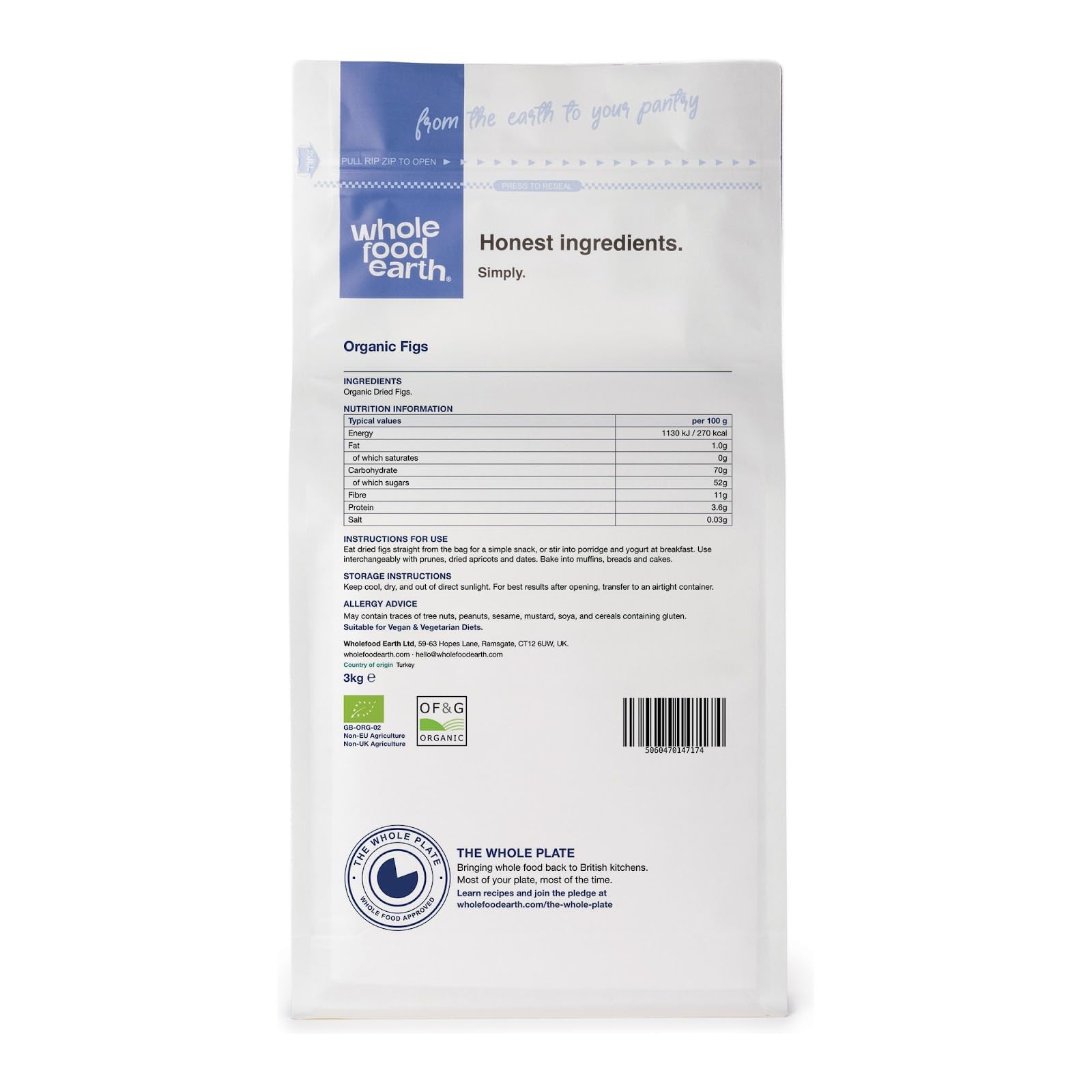 Wholefood Earth - Fichi secchi biologici, 3 kg, crudi, essiccati al sole, senza OGM, vegani, ad alto contenuto di fibre, certificati biologici