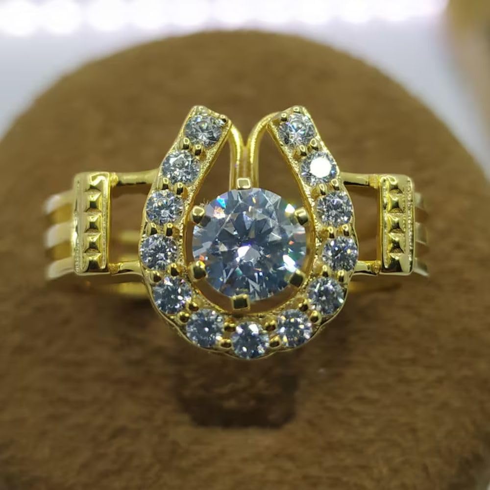 2 Ct Round Cut Diamond Horseshoe Shape Unique Engagement Rings For Women 14K Yellow Gold Plated 925 Sterling Silver Handmade Customized Women JewelryAnniversary Ring Birthday Gift For Her