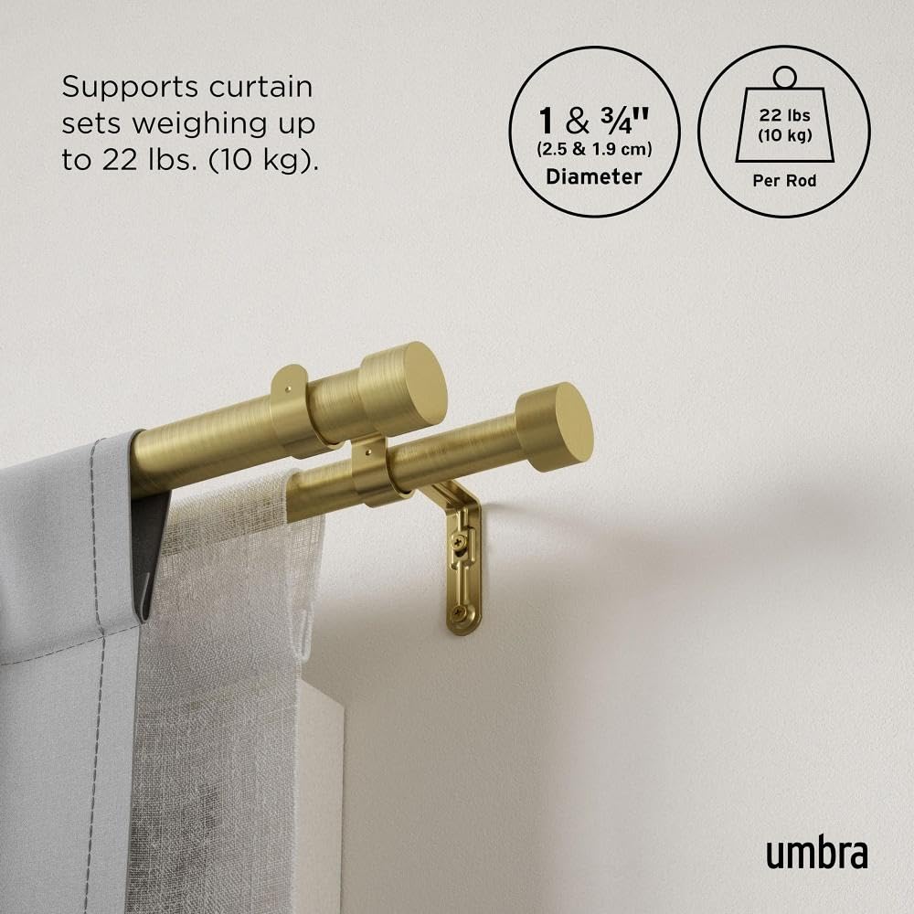 Umbra Cappa Double Curtain Rod, Includes 2 Matching Finials, Brackets & Hardware, 66 to 120-Inch, Gold, 66-120 Inch - Image 3
