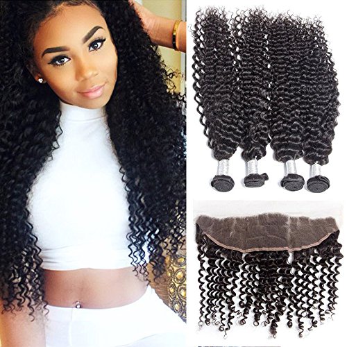 7A Virgin Hair Deep Curly Wave 3 Bundles With Lace Frontal Closure 13x4 Ear To Ear Frontal With Baby Hair Brazilian Human Hair Extensions(12 14 16with 10)