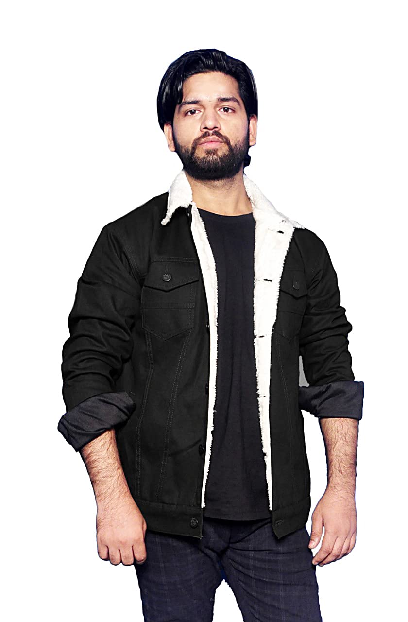 athrz Men's Woolen Fur Winter Denim Jacket - Stylish Full Sleeve, Button-Front, Regular Fit Black Casual & Trendy Coat (Size - L)-picture-25
