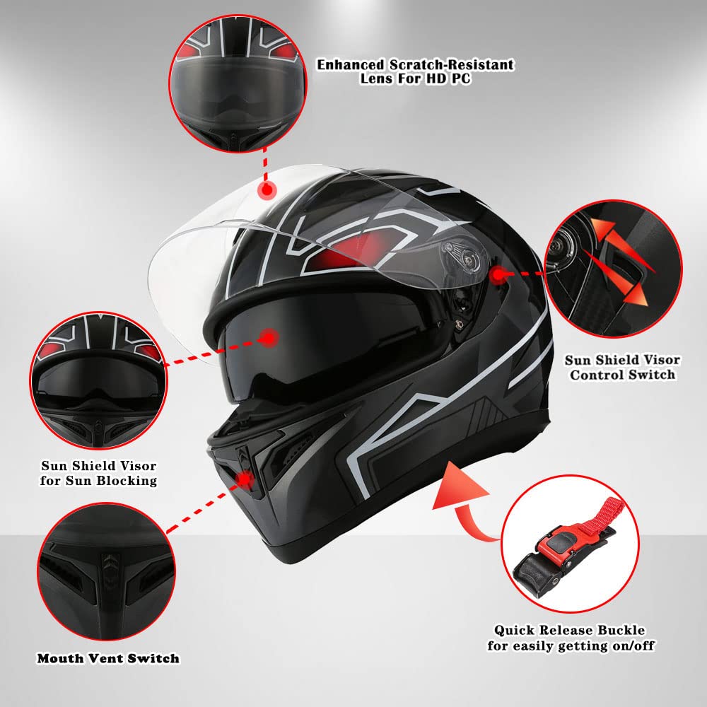 1STorm Motorcycle Street Bike Dual Visor/Sun Visor Full Face Helmet Mechanic Glossy Black, Size Small(53-54 CM,20.9/21.3 Inch) : Automotive