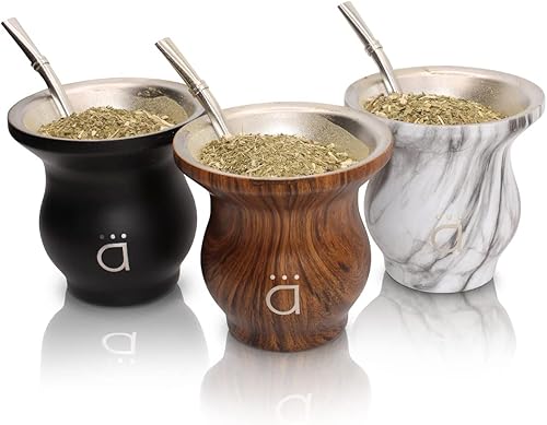 Vista 52 de Kalmateh Modern Yerba Mate Gourd - Doble pared 18/8 de acero inoxidable - Incluye bombilla y un cepillo de limpieza - 9 oz, 9.1 fl oz (mármol)