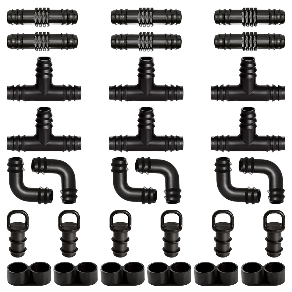 VooGenzek 30 PCS Drip Irrigation Fittings Kit for 16mm Tubing, Drip Irrigation Barbed Connectors for Garden, Patio, Lawn, with Tees, Coupling, Elbow, End Closure and End Plug