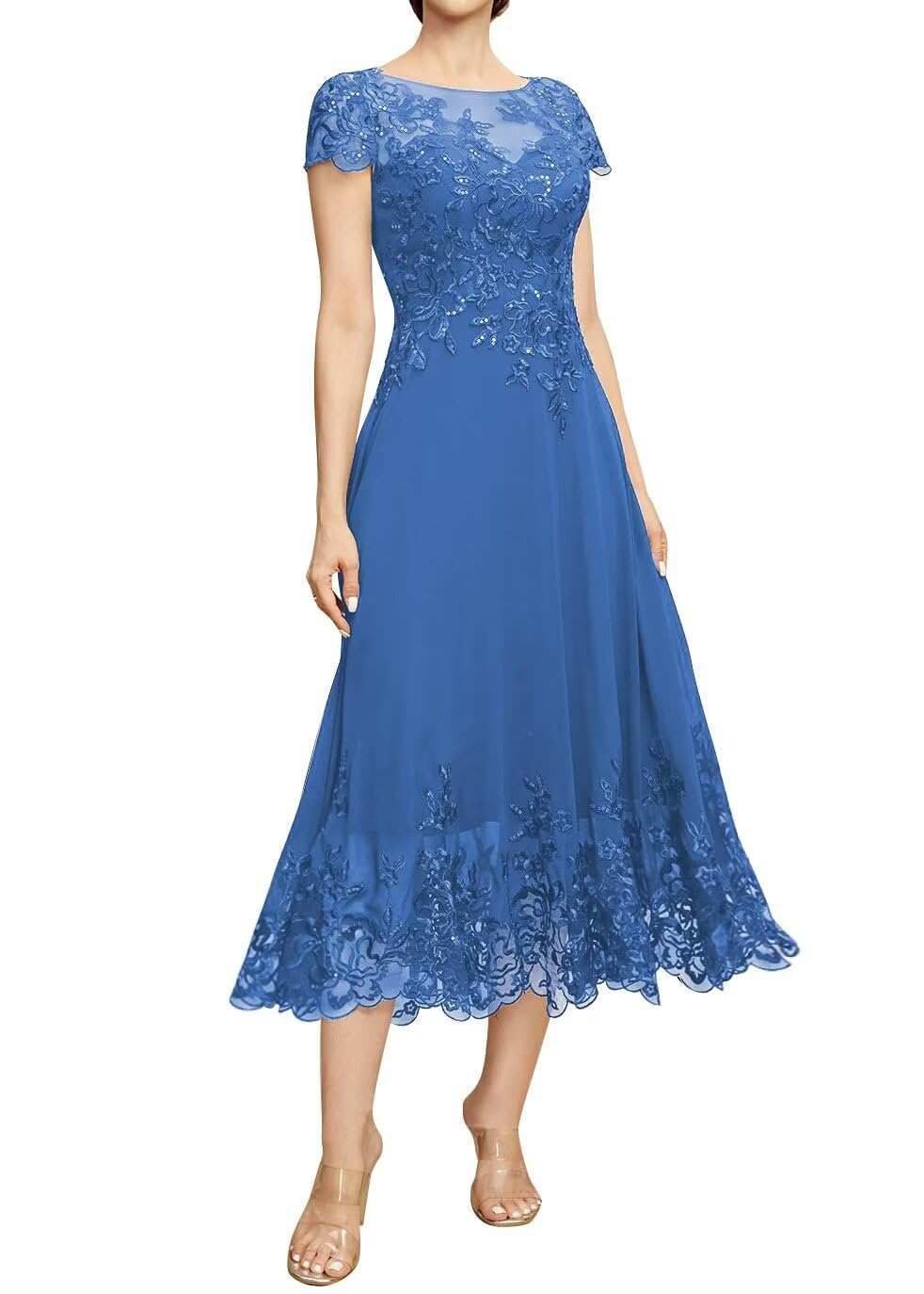 Women's Mother of Bride Dresses Tea Length for Wedding Chiffon Lace Grandmother Dress Short Sleeves