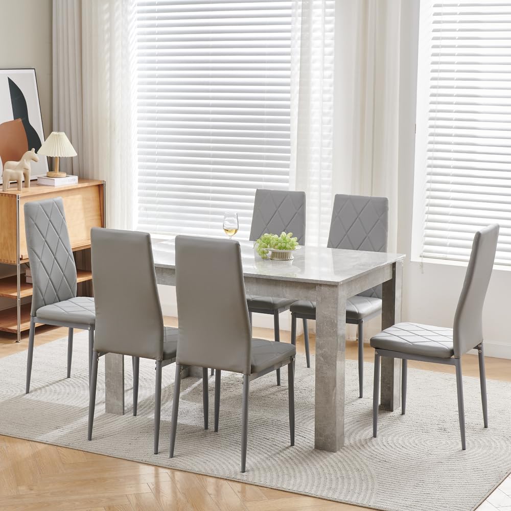 Menaka Wood Dining Table and Chairs Set of 4, Small Rectangular Kitchen Dinner Table with 4 Seaters (argyle grid grey leather chairs, 120m high gloss grey marble table, 6 seaters) — image 1