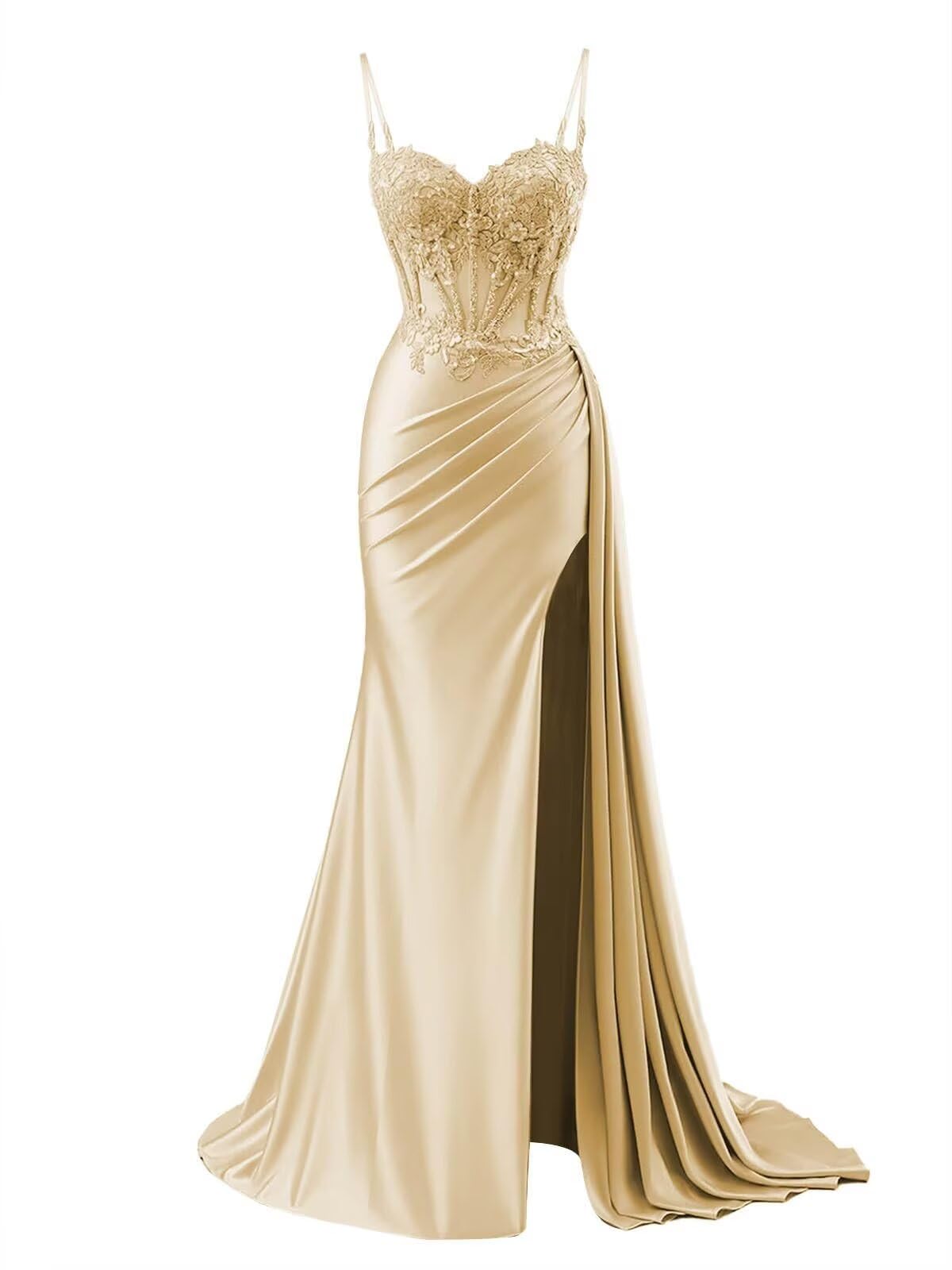 Womens Lace Appliques Mermaid Long Prom Dresses 2026 with Slit Pleated Satin Corset Formal Party Evening Gowns WA070